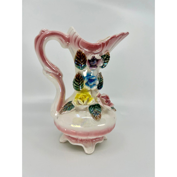 Vintage Ceramic Pitcher Vase Luster Ware Flowers Glazed Footed - Picture 7 of 12